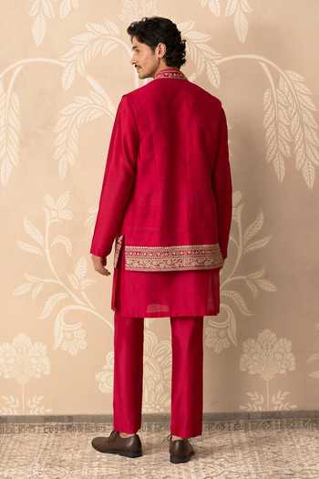 Shop_Ridhi Mehra_Red Silk, Chanderi Embroidery Roshan Bundi And Kurta Set _at_Aza_Fashions