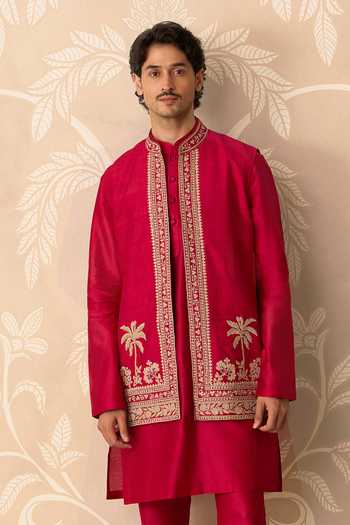 Ridhi Mehra_Red Silk, Chanderi Embroidery Roshan Bundi And Kurta Set _Online_at_Aza_Fashions