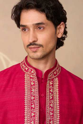 Buy_Ridhi Mehra_Red Silk, Chanderi Embroidery Roshan Bundi And Kurta Set _Online_at_Aza_Fashions