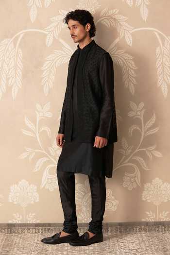 Buy_Ridhi Mehra_Black Organza, Chanderi Embroidery Sabr Bundi And Kurta Set _Online_at_Aza_Fashions