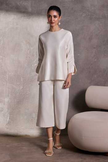 Buy_Tara And I_Ivory Silk Round Neck Ruched Sleeve Gajji Top _at_Aza_Fashions