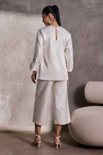 Shop_Tara And I_Ivory Silk Round Neck Ruched Sleeve Gajji Top _at_Aza_Fashions