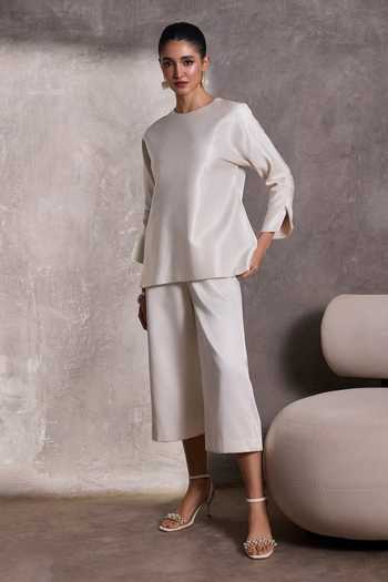 Tara And I_Ivory Silk Round Neck Ruched Sleeve Gajji Top _Online_at_Aza_Fashions