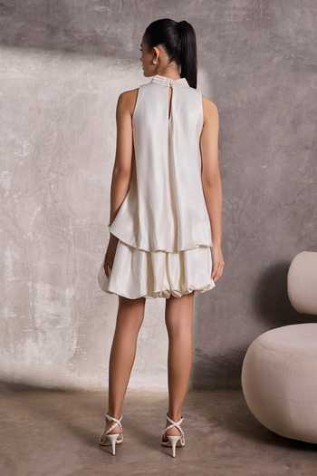 Shop_Tara And I_Ivory Silk Halter , High Gajji Bubble Hem Top _at_Aza_Fashions