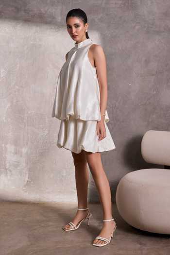 Tara And I_Ivory Silk Halter , High Gajji Bubble Hem Top _Online_at_Aza_Fashions