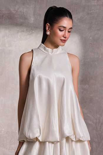 Buy_Tara And I_Ivory Silk Halter , High Gajji Bubble Hem Top _Online_at_Aza_Fashions