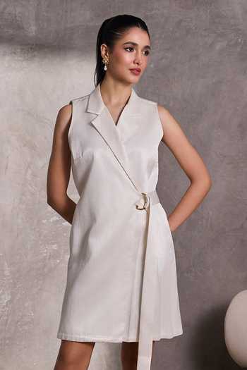 Tara And I_Ivory Silk Collared Neck Gajji Sleeveless Jacket Dress _Online_at_Aza_Fashions