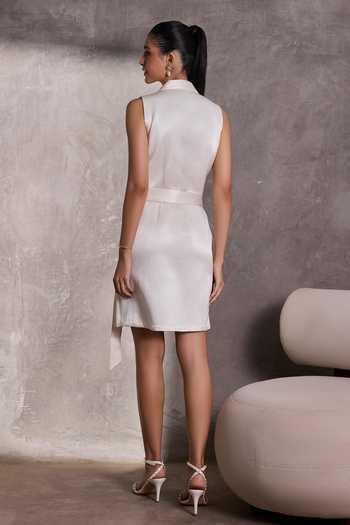 Shop_Tara And I_Ivory Silk Collared Neck Gajji Sleeveless Jacket Dress _at_Aza_Fashions