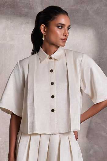 Tara And I_White Silk Collared Neck Gajji Boxy Shirt _Online_at_Aza_Fashions