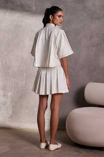 Shop_Tara And I_White Silk Collared Neck Gajji Boxy Shirt _at_Aza_Fashions