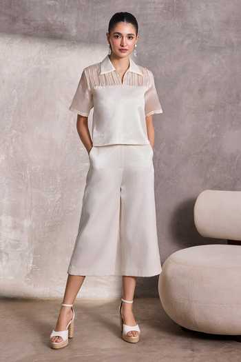 Buy_Tara And I_White Silk Collared Neck Fabric Block Top _at_Aza_Fashions