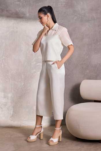 Tara And I_White Silk Collared Neck Fabric Block Top _Online_at_Aza_Fashions