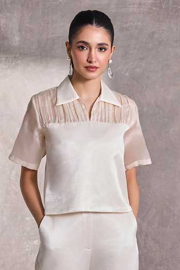 Buy_Tara And I_White Silk Collared Neck Fabric Block Top _Online_at_Aza_Fashions
