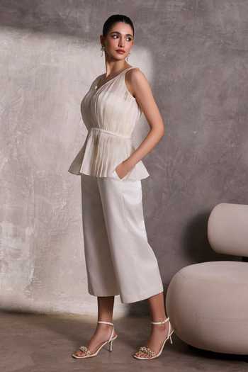 Tara And I_White Silk V-neck Textured Peplum Top _Online_at_Aza_Fashions