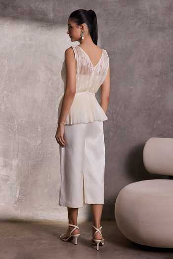 Shop_Tara And I_White Silk V-neck Textured Peplum Top _at_Aza_Fashions