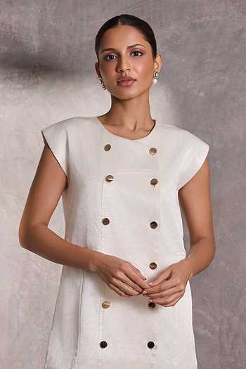 Tara And I_White Silk Round Neck Gajji Shift Jacket Dress _Online_at_Aza_Fashions