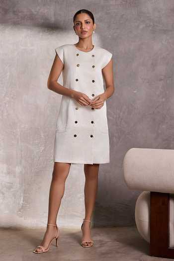 Buy_Tara And I_White Silk Round Neck Gajji Shift Jacket Dress _at_Aza_Fashions