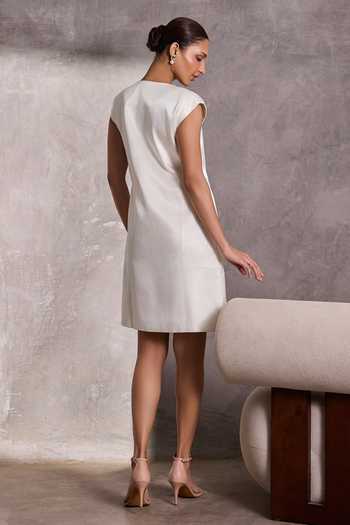 Shop_Tara And I_White Silk Round Neck Gajji Shift Jacket Dress _at_Aza_Fashions
