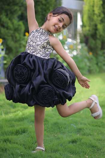 Shop_Little Loom_Black Rose Pattern Structured Frock Dress _Online_at_Aza_Fashions