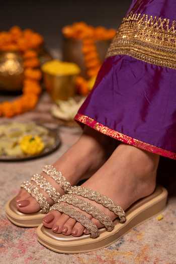 Buy_Coral Haze_Gold Gemora Triple Rhinestone Braided Strap Sliders _at_Aza_Fashions