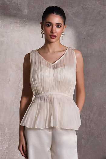 Buy_Tara And I_White Silk V-neck Textured Peplum Top _Online_at_Aza_Fashions