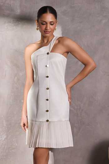 Tara And I_White Silk One Shoulder Pleated Hem Dress _Online_at_Aza_Fashions