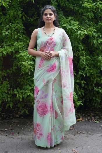 Buy_Five Point Five_Green Kota Doria Komal Floral Pattern Saree With Running Blouse  _at_Aza_Fashions