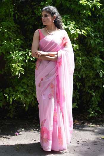 Buy_Five Point Five_Pink Doriya Juhi Rosette Pattern Saree With Running Blouse  _at_Aza_Fashions