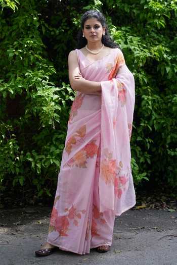 Buy_Five Point Five_Peach Kota Doria Juhi Floret Pattern Saree With Running Blouse  _at_Aza_Fashions