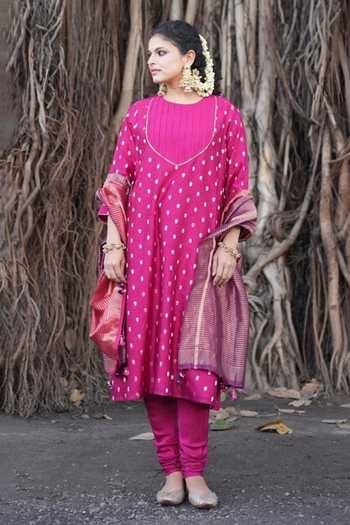 Buy_Five Point Five_Purple Chanderi Round Neck Devika Gathered Front Kurta Set _at_Aza_Fashions