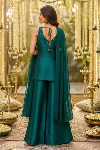 Shop_Label Lila_Green Silk, Georgette V-neck, Yes Placed Embellished Kurta Set _at_Aza_Fashions
