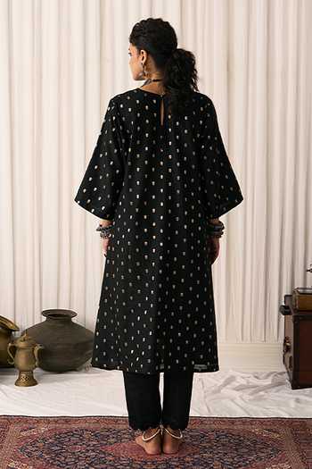 Shop_Five Point Five_Black Chanderi Keyhole Neck, Yes Noor Woven Kurta Set _at_Aza_Fashions