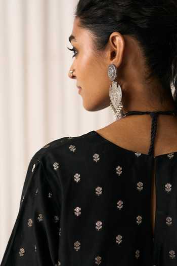 Five Point Five_Black Chanderi Keyhole Neck Noor Woven Kurta Set _Online_at_Aza_Fashions