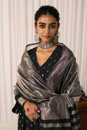 Shop_Five Point Five_Black Chanderi Keyhole Neck Noor Woven Kurta Set _Online_at_Aza_Fashions