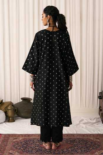 Shop_Five Point Five_Black Chanderi Keyhole Neck Noor Woven Kurta Set _at_Aza_Fashions