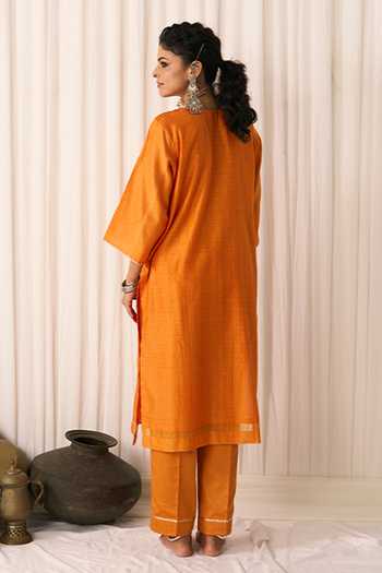 Shop_Five Point Five_Orange Chanderi V-neck Radha Woven Kurta Set _at_Aza_Fashions
