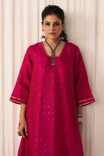 Five Point Five_Magenta Silk V-neck Farah Woven Kurta Set _at_Aza_Fashions