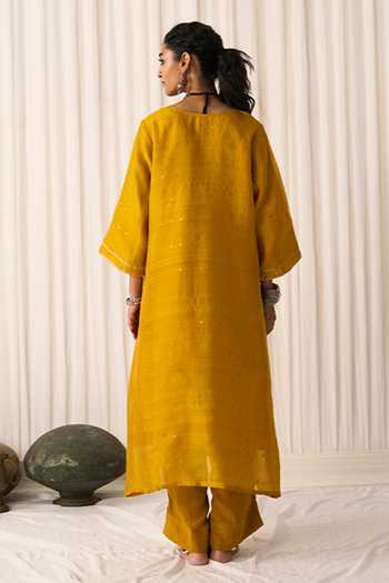 Shop_Five Point Five_Yellow Silk Square Neck Farah Woven Kurta Set _at_Aza_Fashions