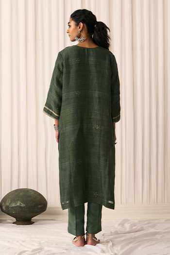Shop_Five Point Five_Green Silk, Linen Round Neck, Yes Bindu Woven Kurta Set _at_Aza_Fashions