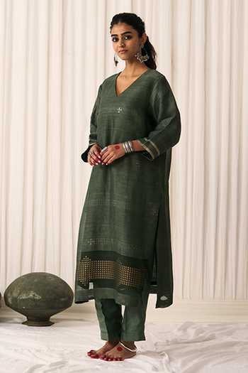Shop_Five Point Five_Green Silk, Linen Round Neck, Yes Bindu Woven Kurta Set _Online_at_Aza_Fashions