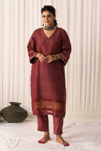 Shop_Five Point Five_Maroon Silk, Linen V-neck Bindu Woven Kurta Set _at_Aza_Fashions