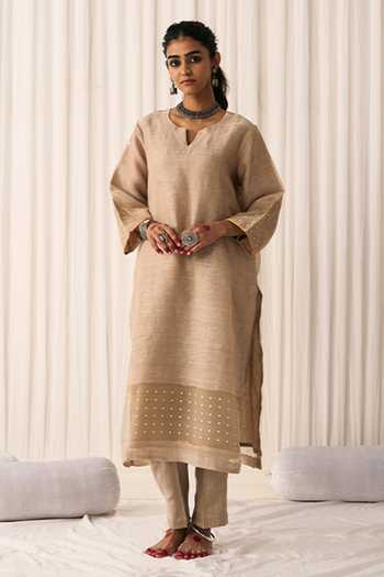 Shop_Five Point Five_Beige Silk, Linen Split V-neck Bhumi Woven Kurta Set _Online_at_Aza_Fashions