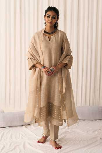 Buy_Five Point Five_Beige Silk, Linen Split V-neck Bhumi Woven Kurta Set _at_Aza_Fashions