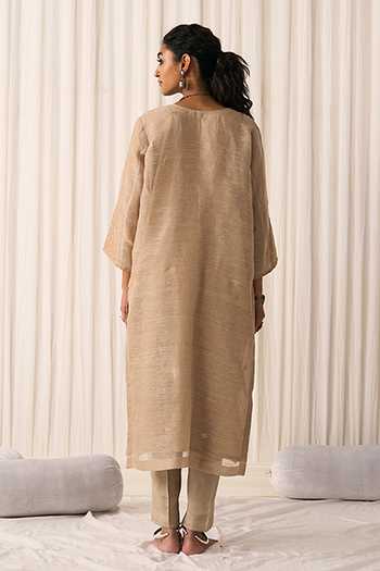Shop_Five Point Five_Beige Silk, Linen Split V-neck Bhumi Woven Kurta Set _at_Aza_Fashions