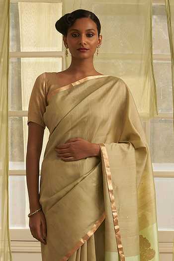 Five Point Five_Green Tussar Amoha Mashru Pallu Saree With Running Blouse _Online_at_Aza_Fashions