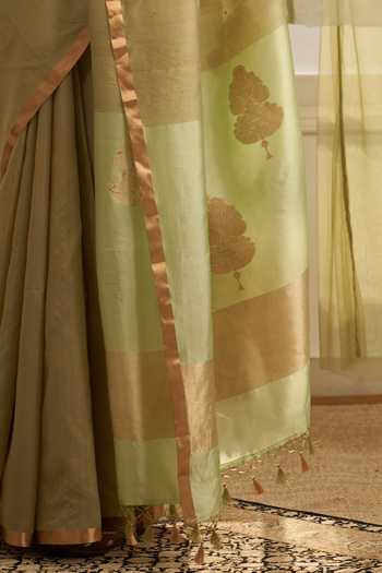 Buy_Five Point Five_Green Tussar Amoha Mashru Pallu Saree With Running Blouse _Online_at_Aza_Fashions