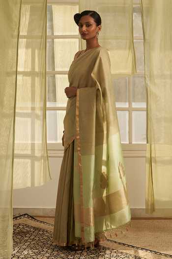 Five Point Five_Green Tussar Amoha Mashru Pallu Saree With Running Blouse _at_Aza_Fashions