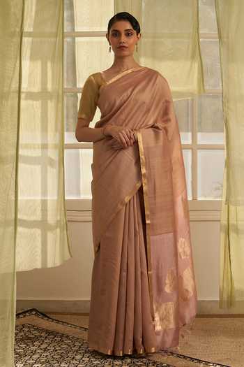 Buy_Five Point Five_Pink Tussar Amoha Woven Saree With Running Blouse _at_Aza_Fashions