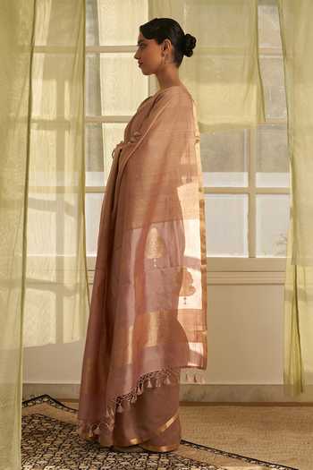 Shop_Five Point Five_Pink Tussar Amoha Woven Saree With Running Blouse _Online_at_Aza_Fashions