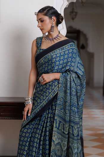 Geroo Jaipur_Blue Silk, Modal One Shoulder Ajrakh Print Saree Set _Online_at_Aza_Fashions